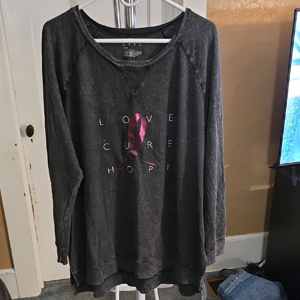 Livi Active Charcoal Gray Long Sleeve Tee with Pink Ribbon